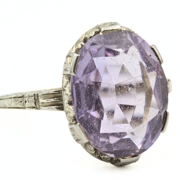 Opulent Antique Edwardian 14K White Gold Amethyst Ring Sz 8. - Picture 6 of 10
